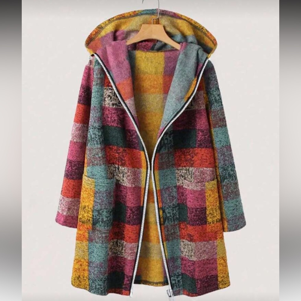 Luxe Plaid Checkered Long Sleeve Pocket Knit Hoodie Sweater Light Coat Brushed